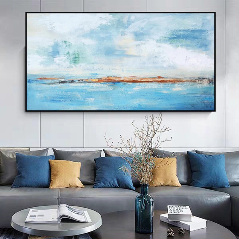 Extra Large Abstract Art, Light Blue Ocean and Sky Canvas Wall Art, Original Oil Wall Painting