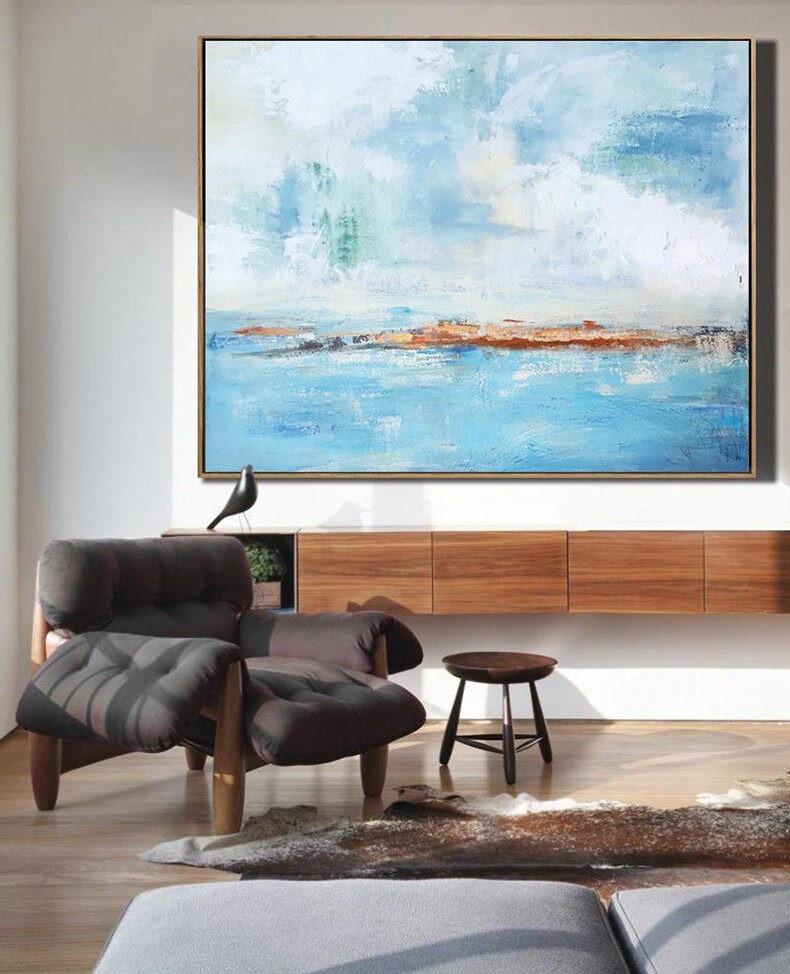 Extra Large Abstract Art, Light Blue Ocean and Sky Canvas Wall Art, Original Oil Wall Painting