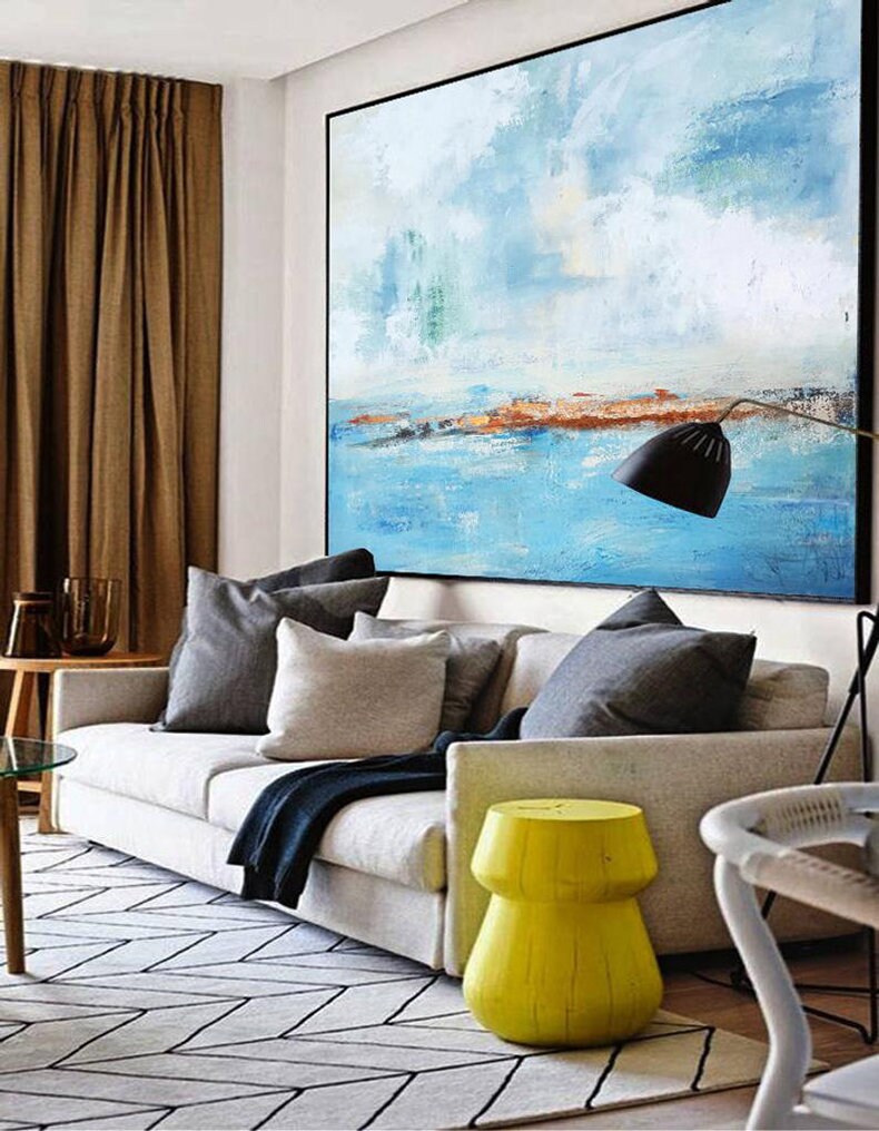 Extra Large Abstract Art, Light Blue Ocean and Sky Canvas Wall Art, Original Oil Wall Painting