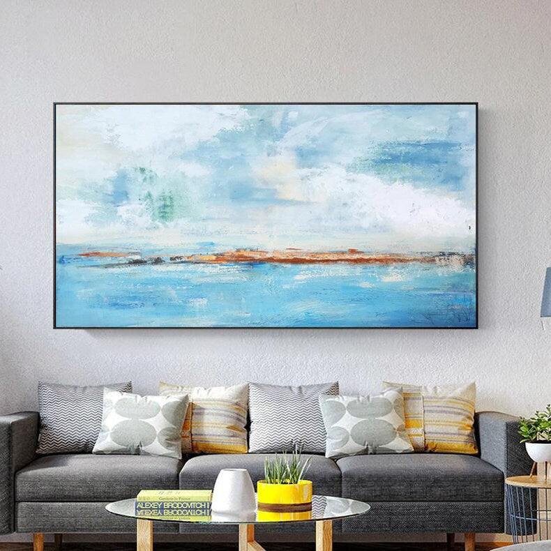 Extra Large Abstract Art, Light Blue Ocean and Sky Canvas Wall Art, Original Oil Wall Painting