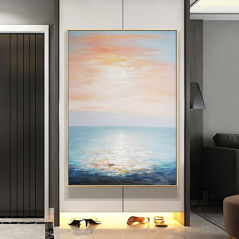 Original Seascape Ocean Wall Art, Extra Large Sunrise Canvas Painting, Modern Abstract Acrylic Painting on Canvas