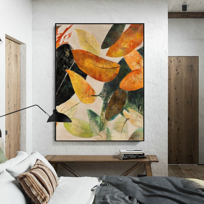 Original Abstract Leaves Wall Art, Large Fall Autumn Leaves Oil Painting on Canvas, Modern Abstract Acrylic Wall Decor for…
