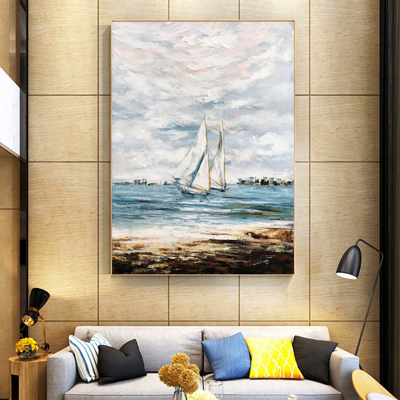 Extra Large Sailboat Oil Painting, Original Sailing Boat Canvas Wall Art, Abstract Ship Acrylic Painting on Canvas, Ocean…