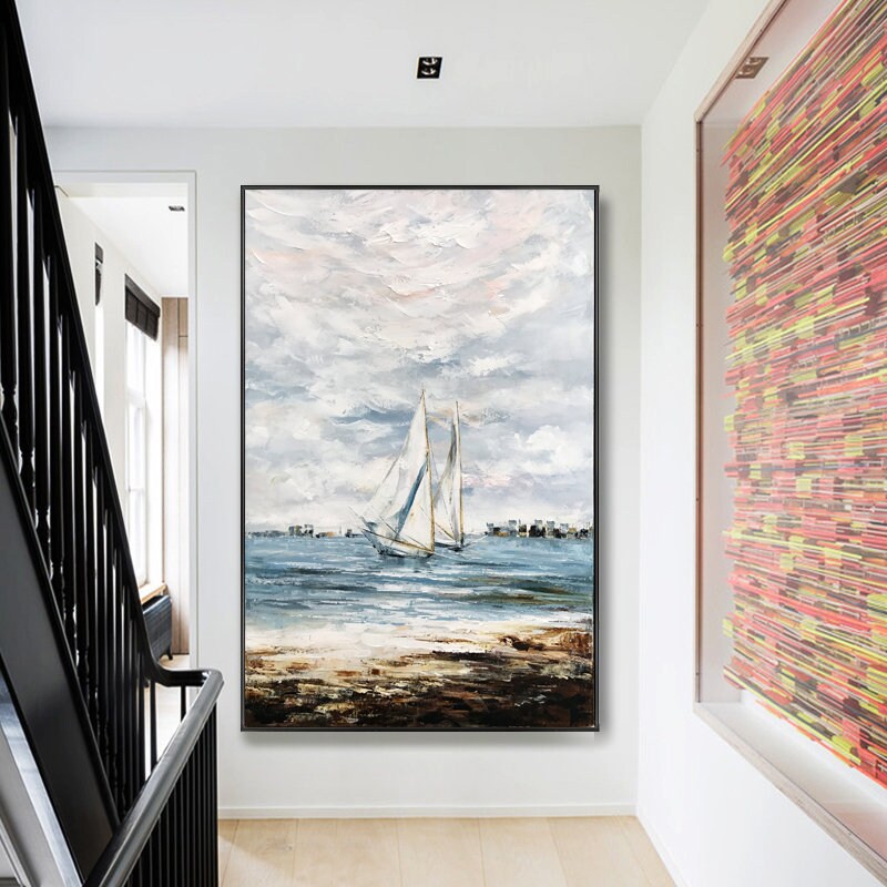 Extra Large Sailboat Oil Painting, Original Sailing Boat Canvas Wall Art, Abstract Ship Acrylic Painting on Canvas, Ocean…