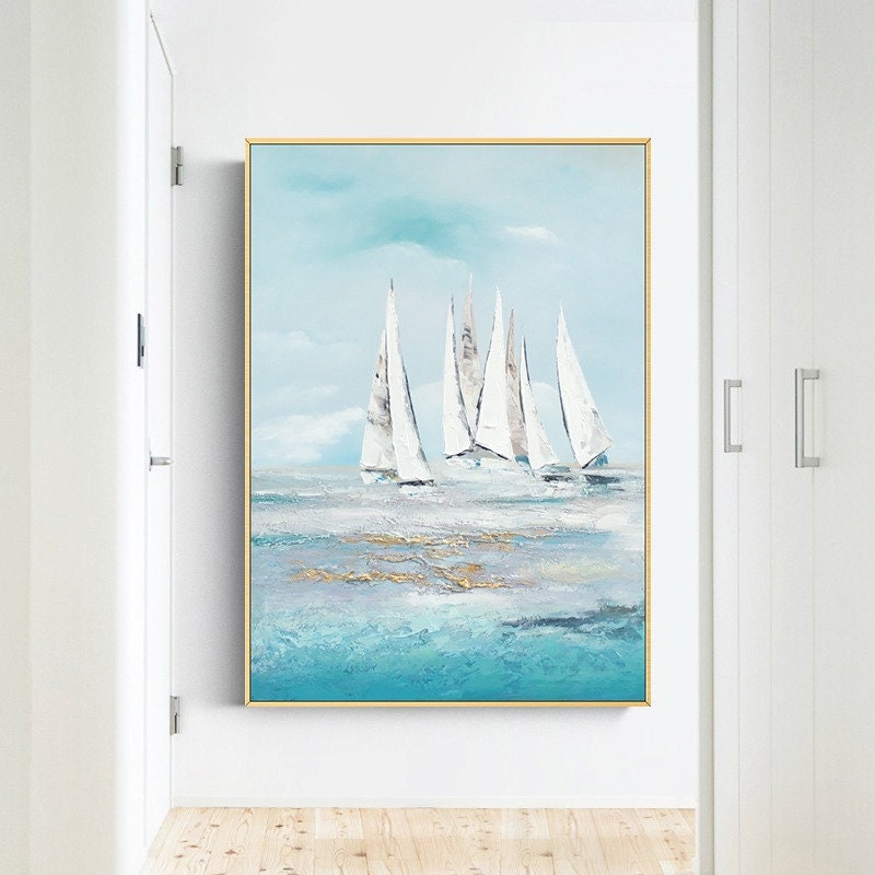 Extra Large Sailboat Oil Painting, Original Sailboats Artwork, Nautical Oil Painting on Canvas, Abstract Sailboat Canvas Wall…