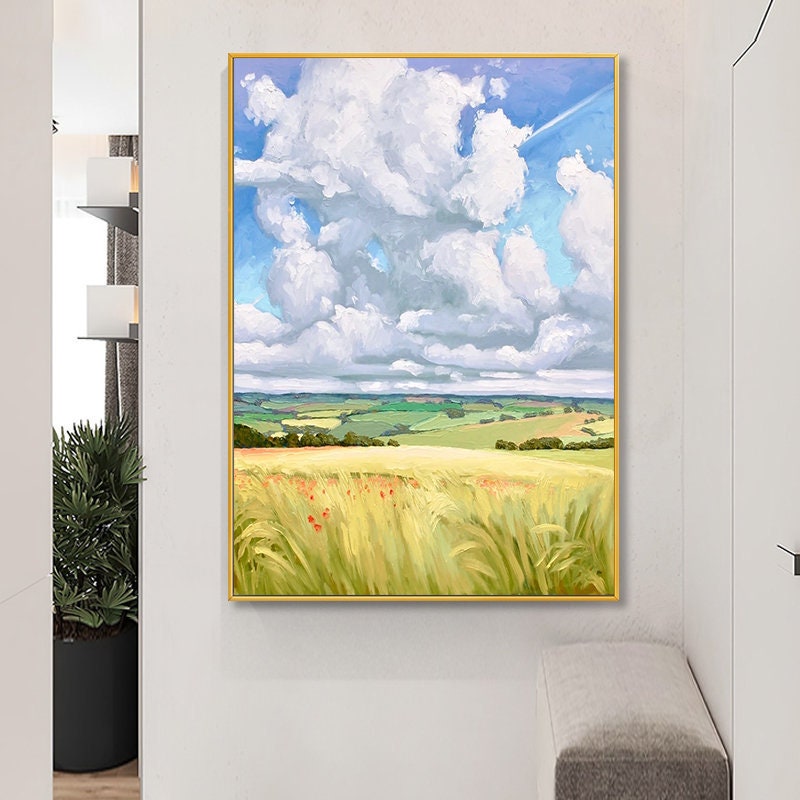 Original Landscape Oil Painting on Canvas, Abstract Landscape Canvas Wall Art, Clouds and Filed Textured Art for Bedroom