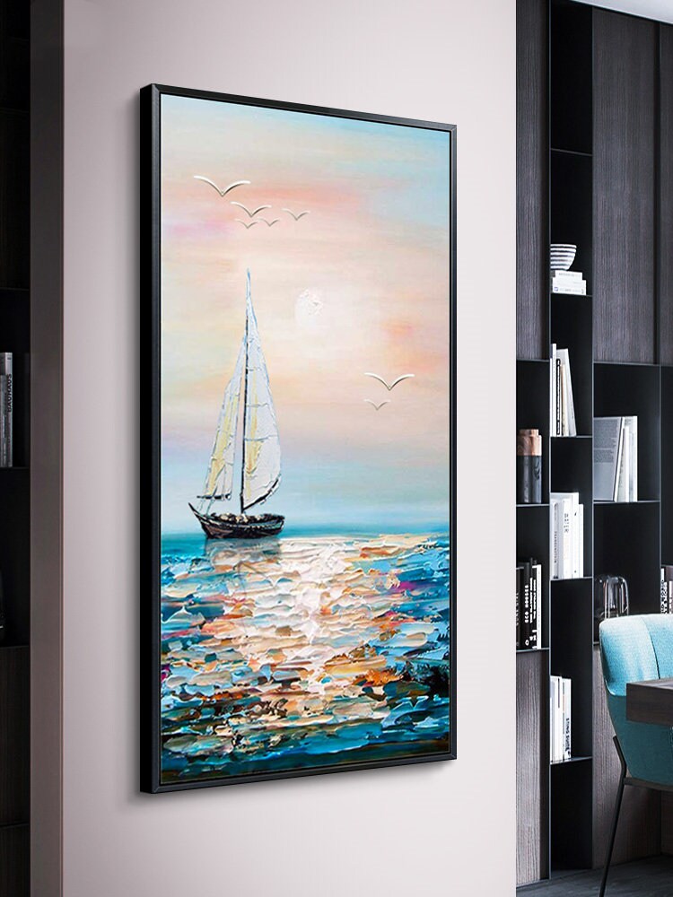 Textured Ocean Waves Canvas Wall Art, Abstract Seascape Painting on Canvas, Original Blue Artwork for Bedroom