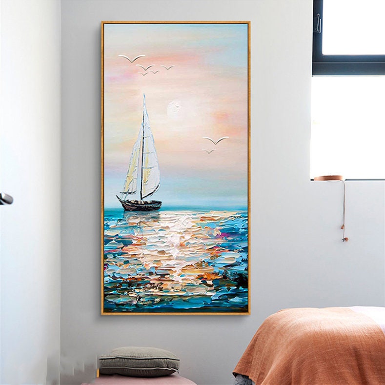 Textured Ocean Waves Canvas Wall Art, Abstract Seascape Painting on Canvas, Original Blue Artwork for Bedroom
