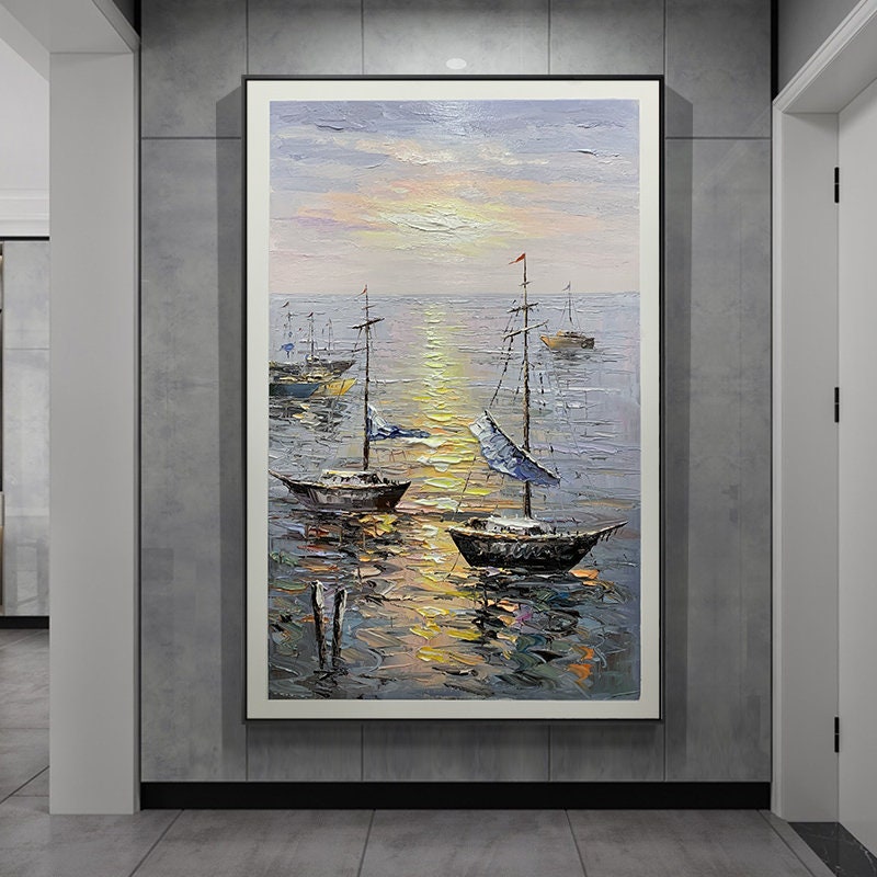 Extra Large Sailboat Oil Painting, Original Sailing Boat Painting on Canvas, Textured Ocean Painting Canvas, Abstract…