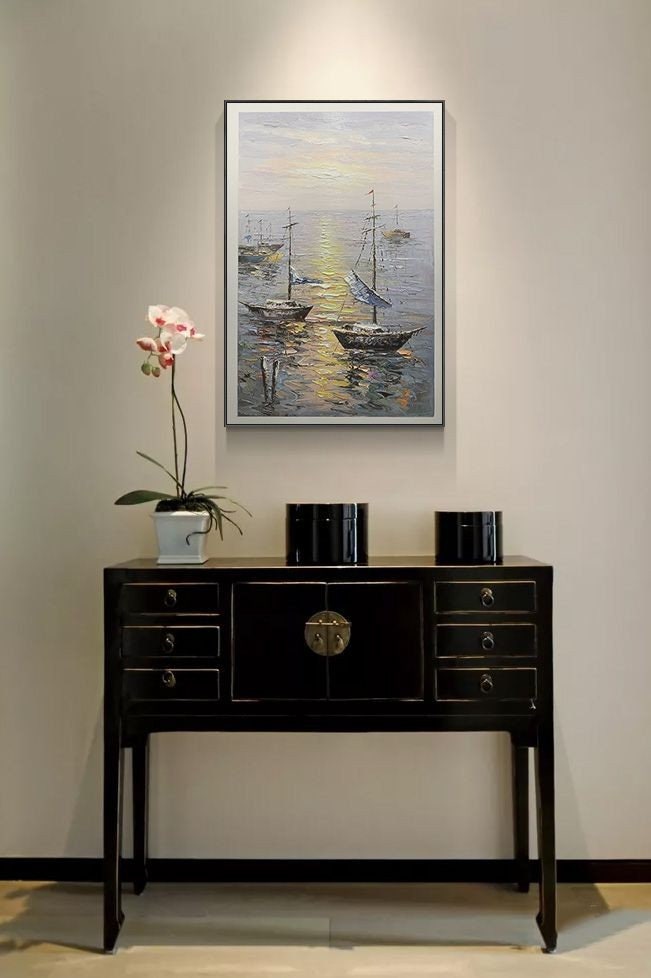 Extra Large Sailboat Oil Painting, Original Sailing Boat Painting on Canvas, Textured Ocean Painting Canvas, Abstract…