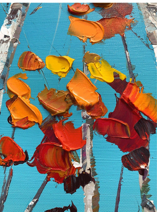 Textured Aspen Canvas Oil Painting, Abstract Birch Tree Wall Art, Original Autumn Wall Painting on Canvas