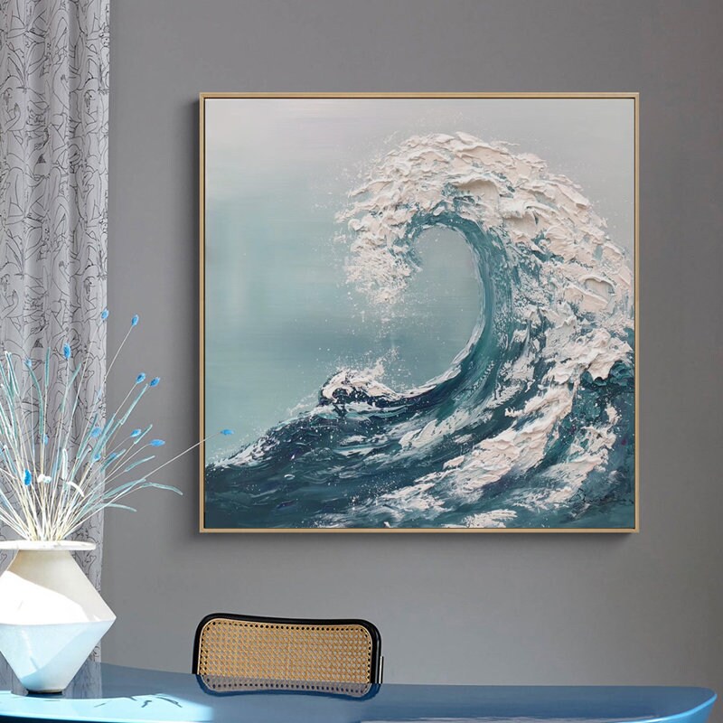 Textured Ocean Waves Wall Art, Abstract Seascape Canvas Wall Painting, Original Blue Oil Painting on Canvas