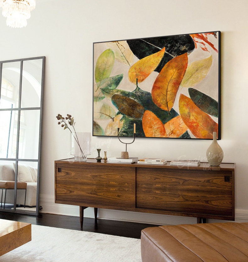 Original Abstract Leaves Wall Art, Large Fall Autumn Leaves Oil Painting on Canvas, Modern Abstract Acrylic Wall Decor for…