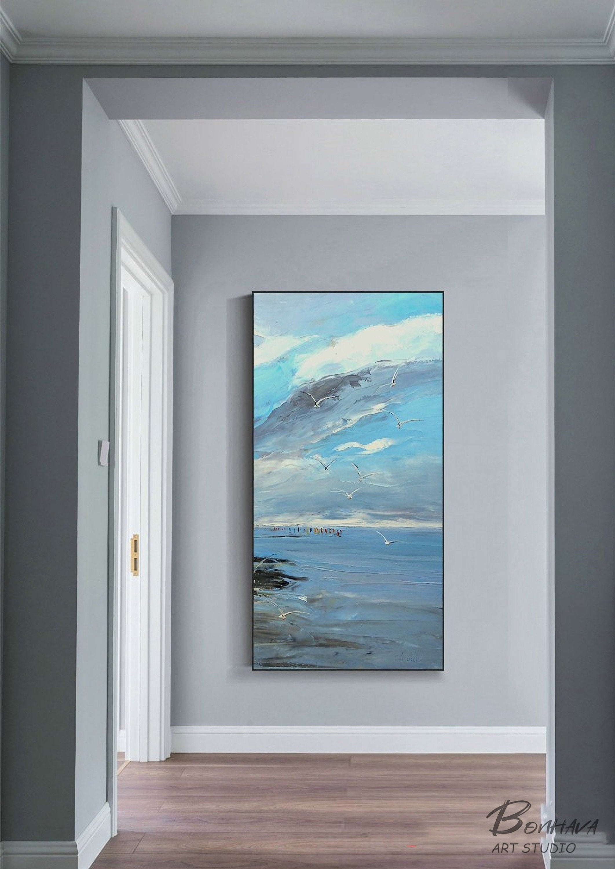 Large Blue Sky And Sea Abstract Painting, Beach Texture Painting, Ocean Canvas Painting, Seagull Oil Painting, Seascape…