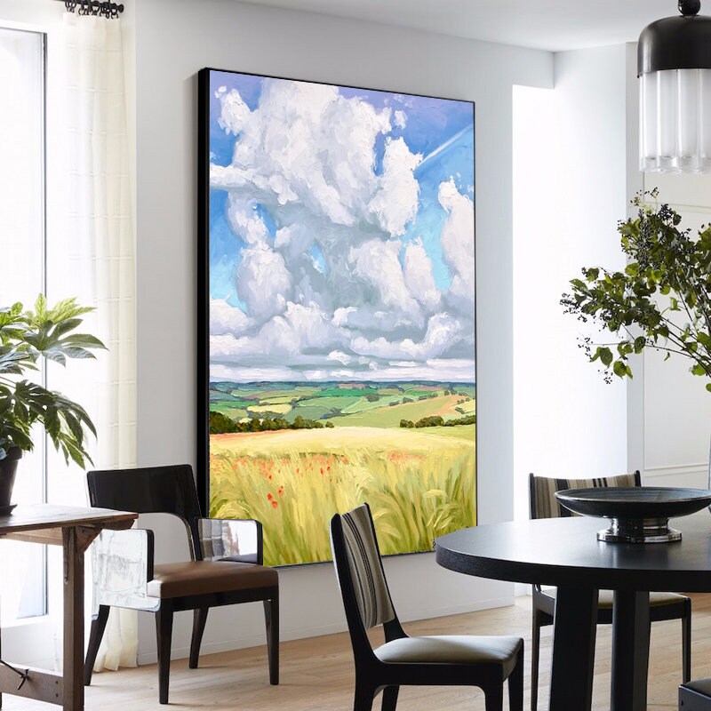 Original Landscape Oil Painting on Canvas, Abstract Landscape Canvas Wall Art, Clouds and Filed Textured Art for Bedroom