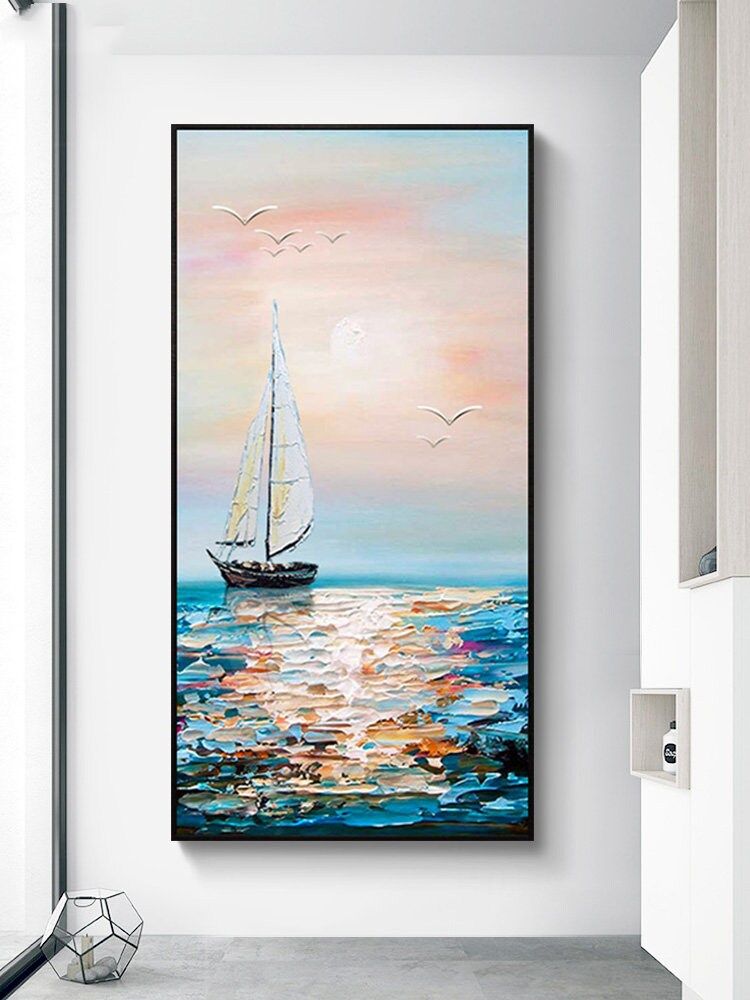 Textured Ocean Waves Canvas Wall Art, Abstract Seascape Painting on Canvas, Original Blue Artwork for Bedroom