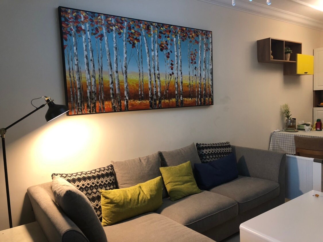 Textured Aspen Canvas Oil Painting, Abstract Birch Tree Wall Art, Original Autumn Wall Painting on Canvas