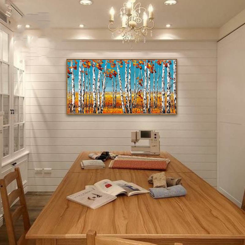 Textured Aspen Canvas Oil Painting, Abstract Birch Tree Wall Art, Original Autumn Wall Painting on Canvas