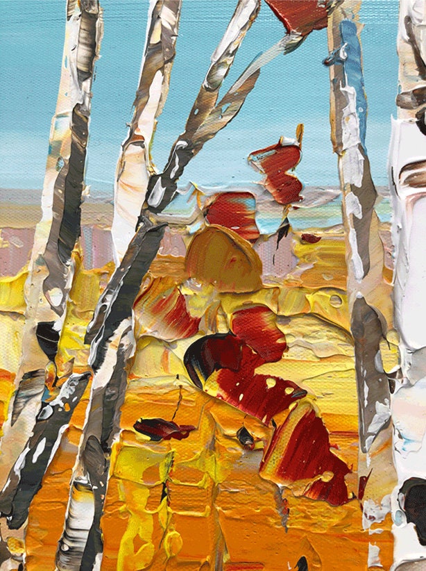 Textured Aspen Canvas Oil Painting, Abstract Birch Tree Wall Art, Original Autumn Wall Painting on Canvas