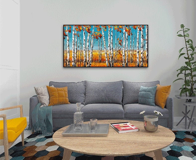 Textured Aspen Canvas Oil Painting, Abstract Birch Tree Wall Art, Original Autumn Wall Painting on Canvas