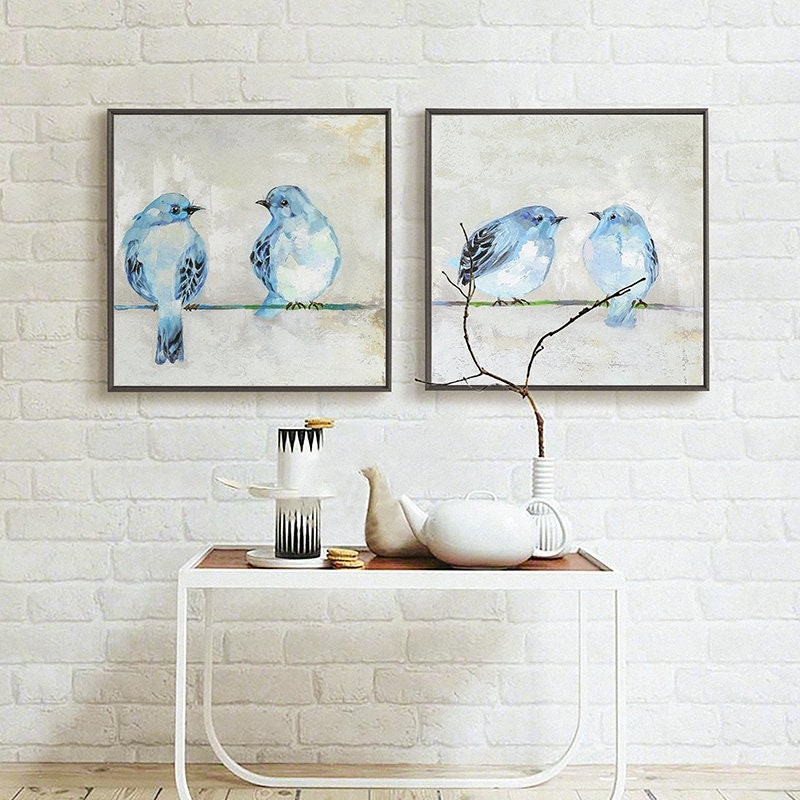 Hand-painted Birds Oil Painting on Canvas, Set of 2 Animal Canvas Wall Art, Original Modern Art for Bedroom