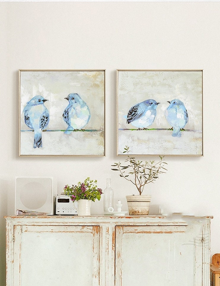 Hand-painted Birds Oil Painting on Canvas, Set of 2 Animal Canvas Wall Art, Original Modern Art for Bedroom