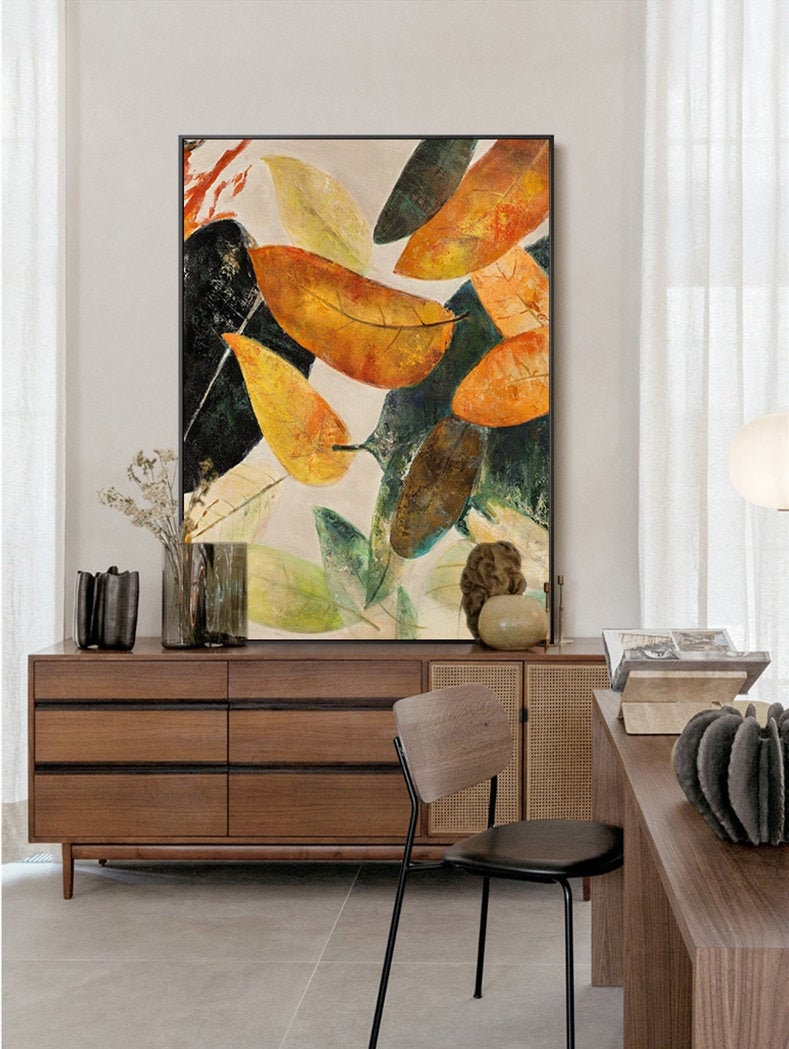 Original Abstract Leaves Wall Art, Large Fall Autumn Leaves Oil Painting on Canvas, Modern Abstract Acrylic Wall Decor for…