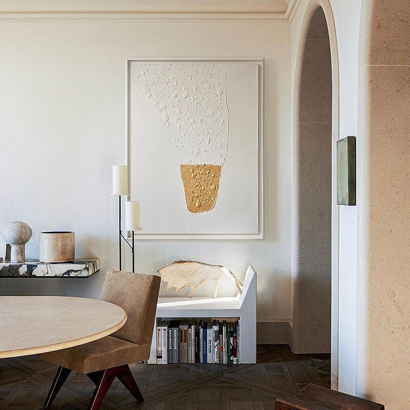 Original Abstract Painting on Canvas, Modern White and Gold Textured Painting, Large Minimalist Wall Art