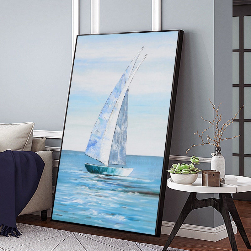 Large Sailboat Oil Painting, Original Sailing Boat Canvas Wall Art, Abstract Ship Acrylic Painting on Canvas, Ocean Seascape…