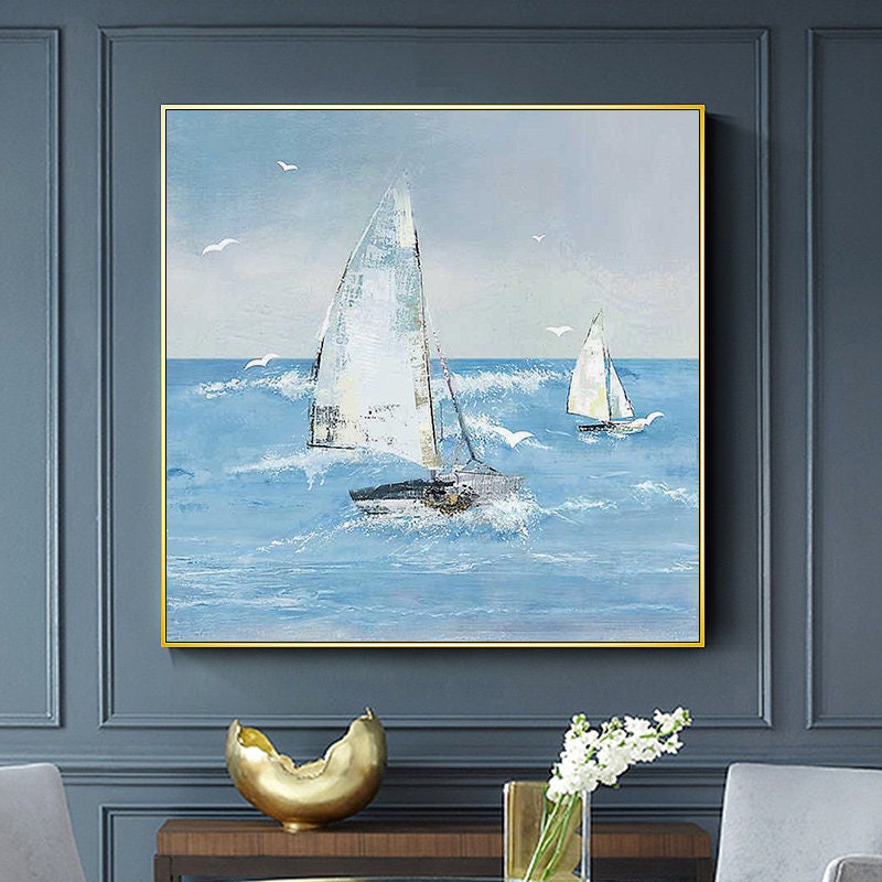 Original Sailboat Oil Painting, Abstract Sailing Boat Painting on Canvas, Textured Ocean Painting Canvas, Modern Nautical…