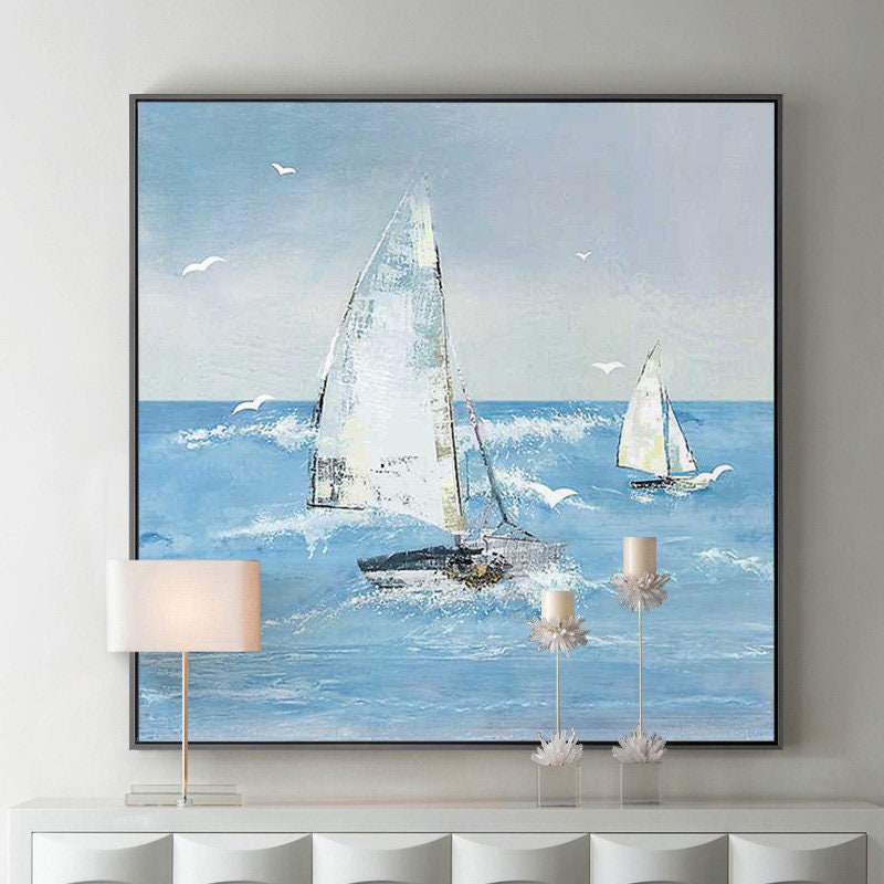 Original Sailboat Oil Painting, Abstract Sailing Boat Painting on Canvas, Textured Ocean Painting Canvas, Modern Nautical…