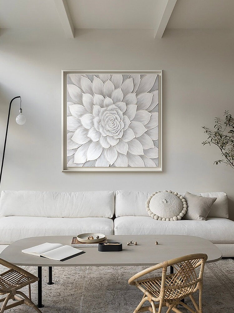 Large Textured Wall Art, Original Floral Painting on Canvas, Abstract Grey Flower Acrylic Painting