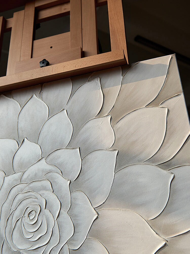 Large Textured Wall Art, Original Floral Painting on Canvas, Abstract Grey Flower Acrylic Painting