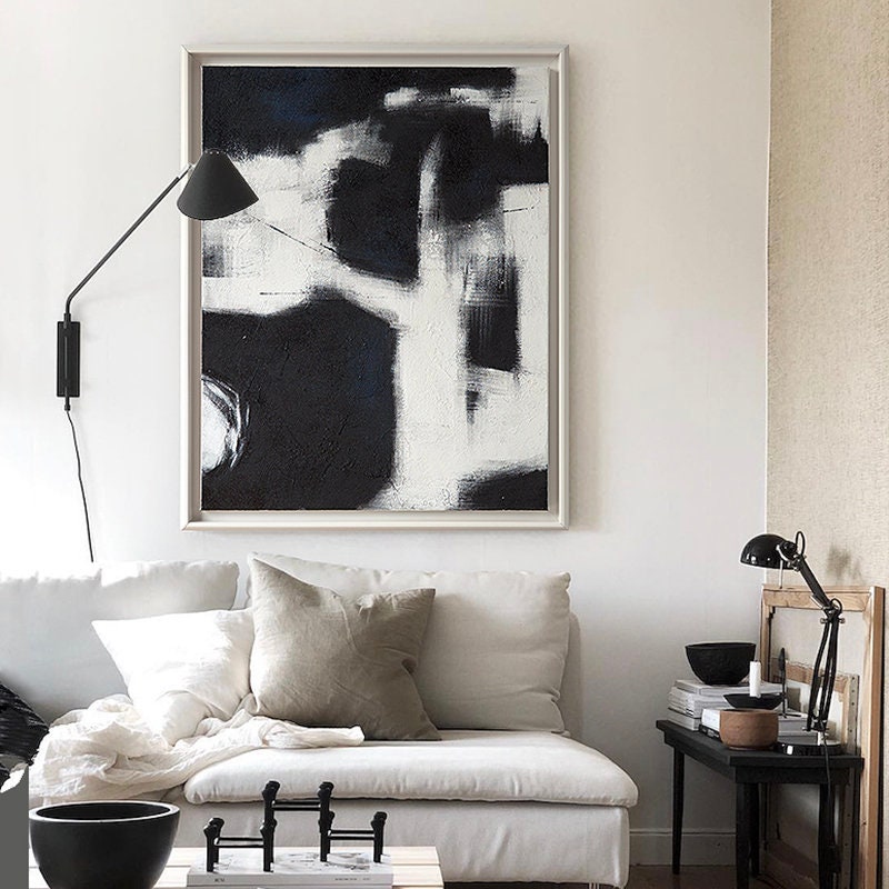 Black and White Abstract Painting, Original Hand-Painted Acrylic Painting on Canvas, Modern Minimalist Canvas Wall Art
