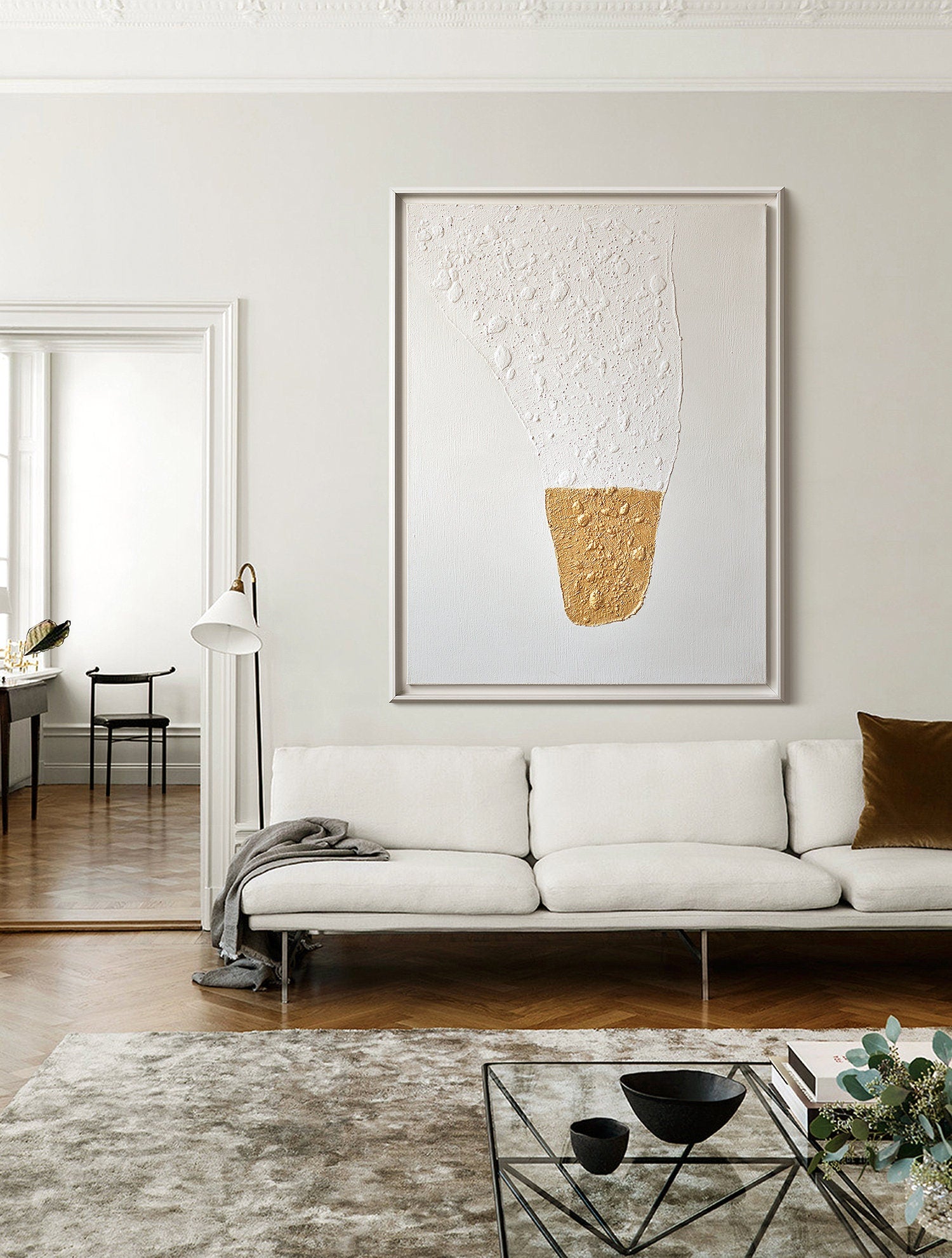 Original Abstract Painting on Canvas, Modern White and Gold Textured Painting, Large Minimalist Wall Art