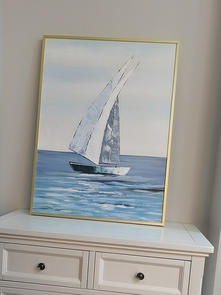 Large Sailboat Oil Painting, Original Sailing Boat Canvas Wall Art, Abstract Ship Acrylic Painting on Canvas, Ocean Seascape…