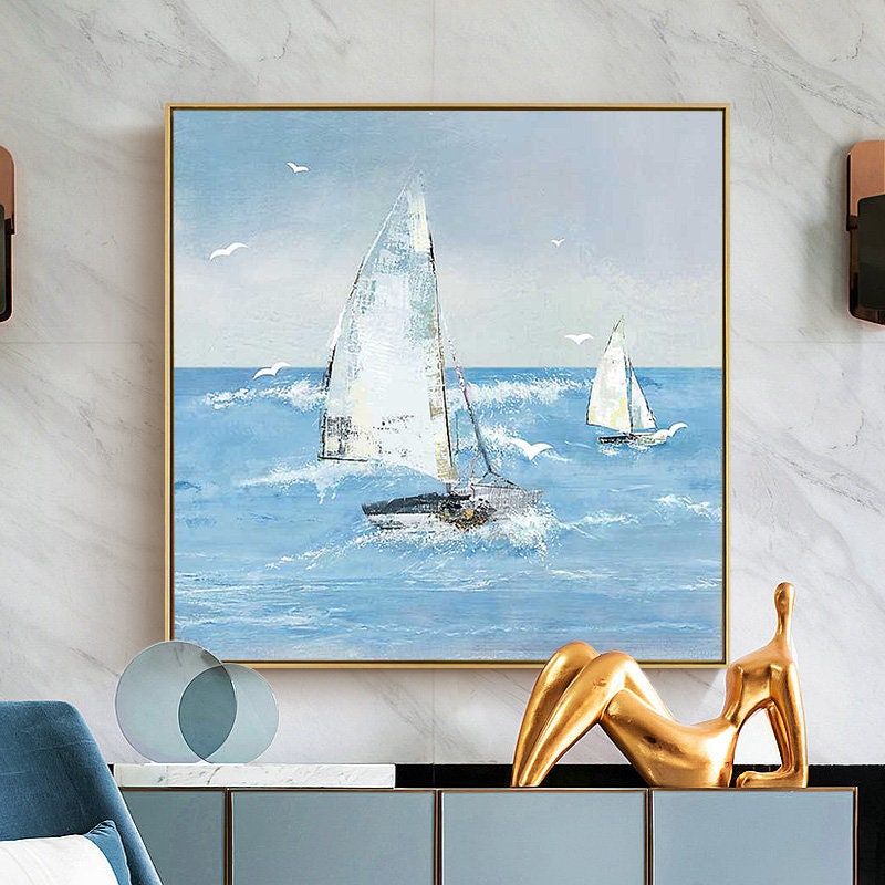 Original Sailboat Oil Painting, Abstract Sailing Boat Painting on Canvas, Textured Ocean Painting Canvas, Modern Nautical…