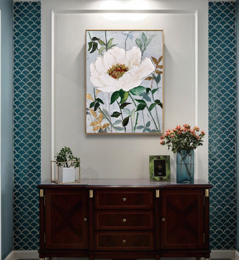 Original Floral Painting on Canvas, Abstract Jasmine Flower Oil Painting, Large Canvas Wall Art