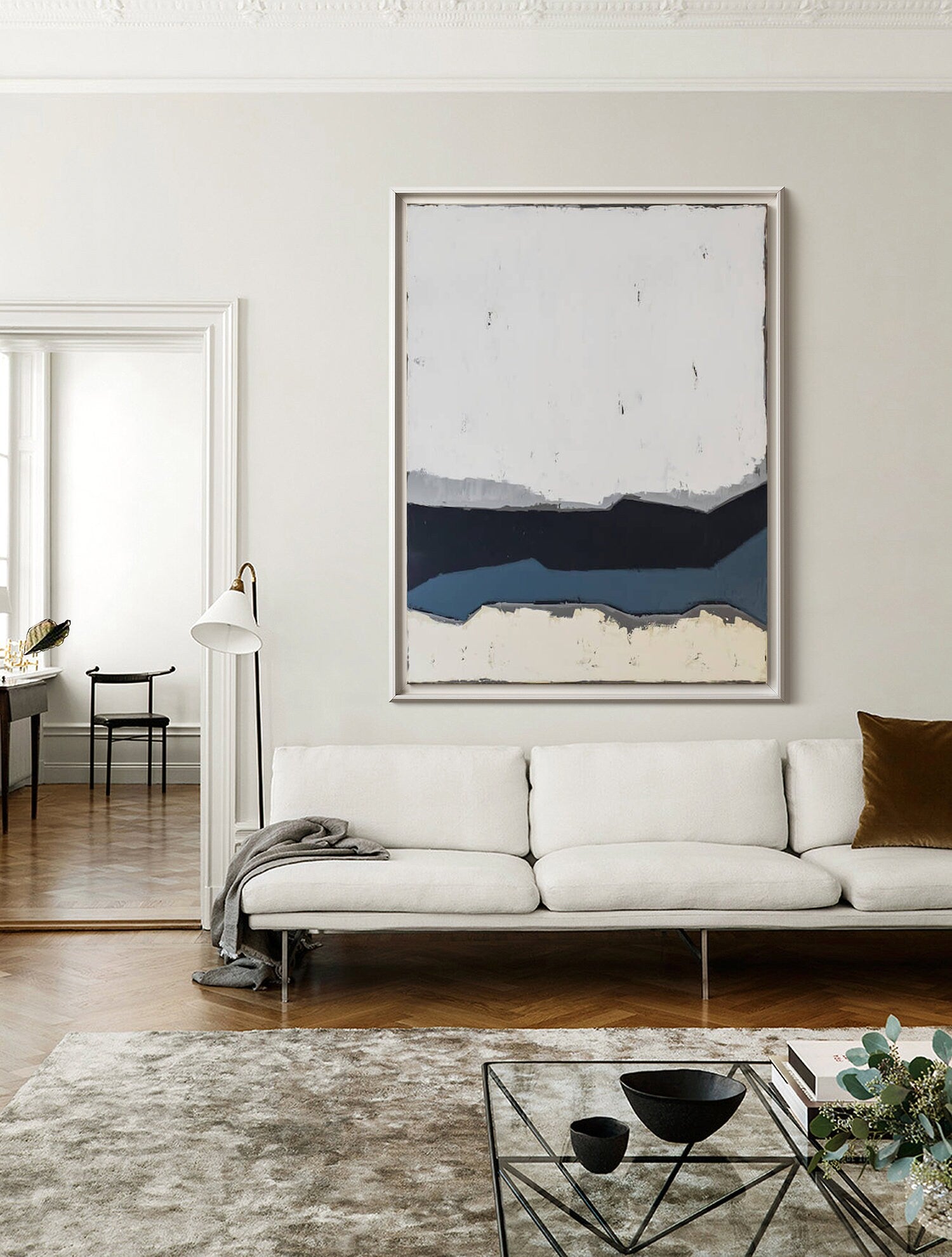 Abstract Canvas Wall Art, Original Grey Beige Navy Painting on Canvas, Large Textured Acrylic Room Decor