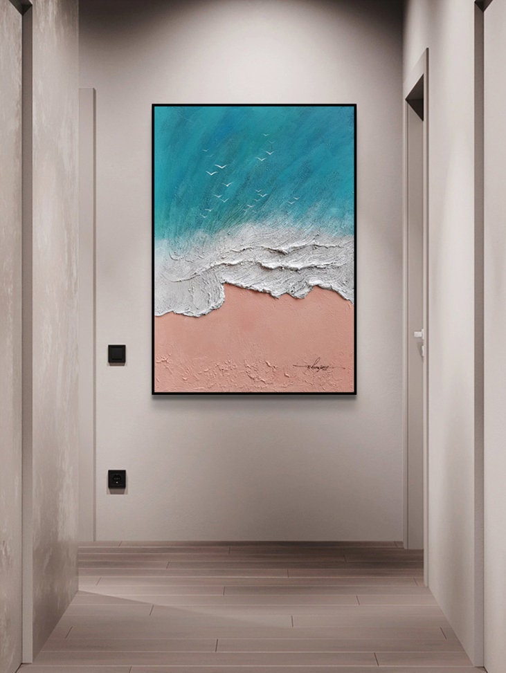 Ocean Oil Painting Large Coastal Painting On Canvas Sea Landscape Painting Large Wall Sky Sea Painting People on the beach…