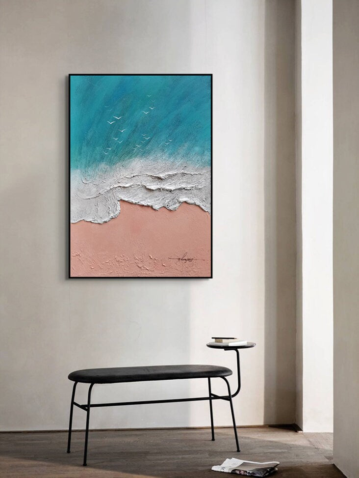 Ocean Oil Painting Large Coastal Painting On Canvas Sea Landscape Painting Large Wall Sky Sea Painting People on the beach…