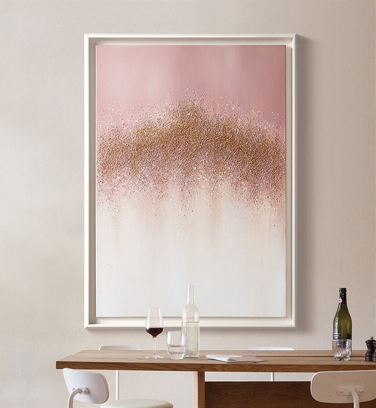 Pink Gold Painting, Abstract Glitter Canvas Wall Art, Abstract Oil Painting, Large Gold and White Painting
