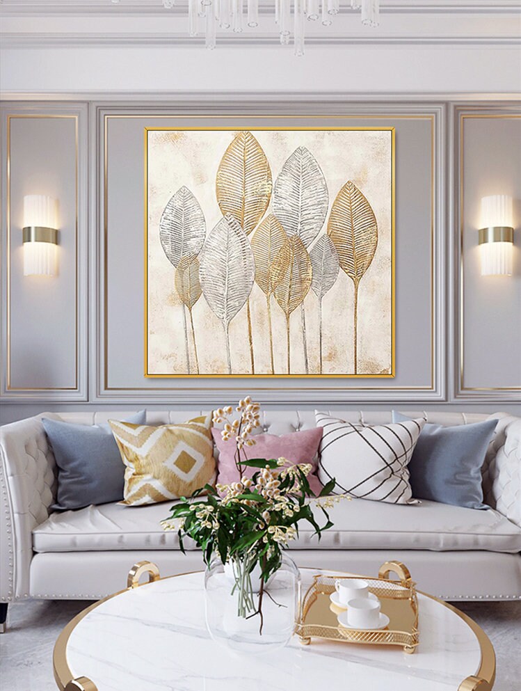 Original Abstract Leaves Wall Art, Large Golden Leaves Oil Painting on Canvas, Modern Abstract Acrylic Wall Decor for Bedroom