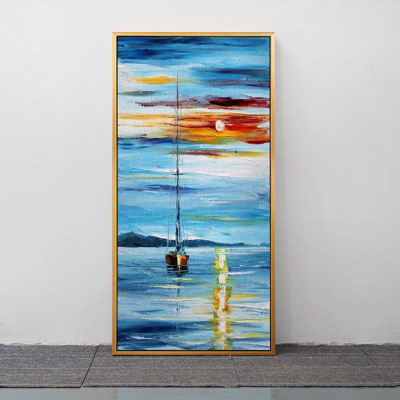 Large Sailboat Painting, Blue Ocean Painting, Abstract Painting of Sailboat, Nautical Oil Painting Art on Canvas, Blue Waves…