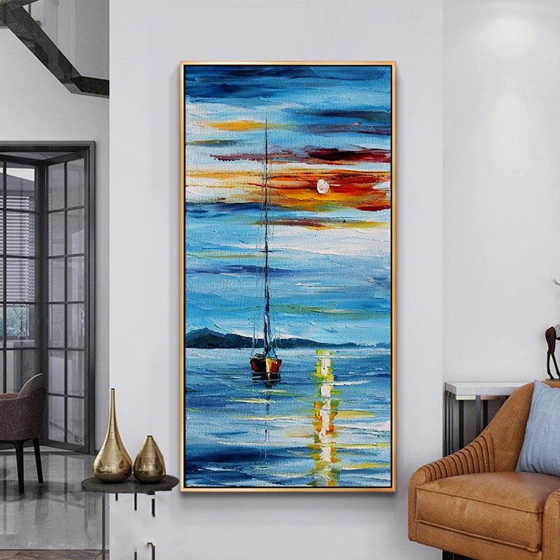 Large Sailboat Painting, Blue Ocean Painting, Abstract Painting of Sailboat, Nautical Oil Painting Art on Canvas, Blue Waves…