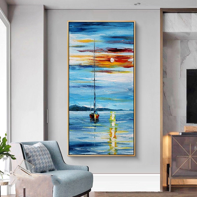 Large Sailboat Painting, Blue Ocean Painting, Abstract Painting of Sailboat, Nautical Oil Painting Art on Canvas, Blue Waves…