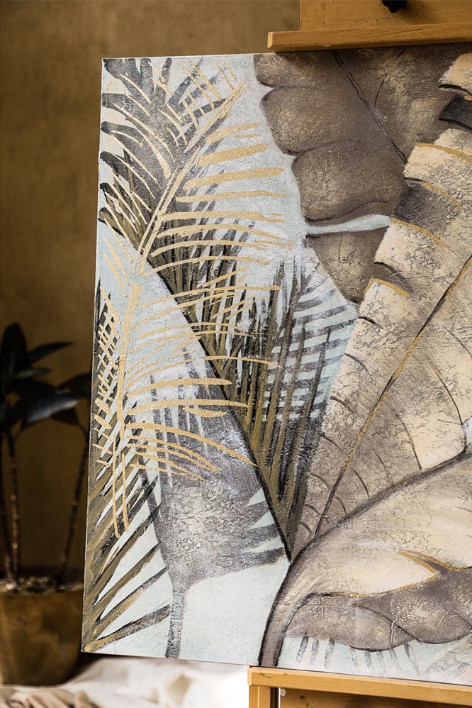 Original Abstract Leaves Wall Art, Large Gold Leaves Oil Painting on Canvas, Modern Abstract Acrylic Wall Decor for Bedroom