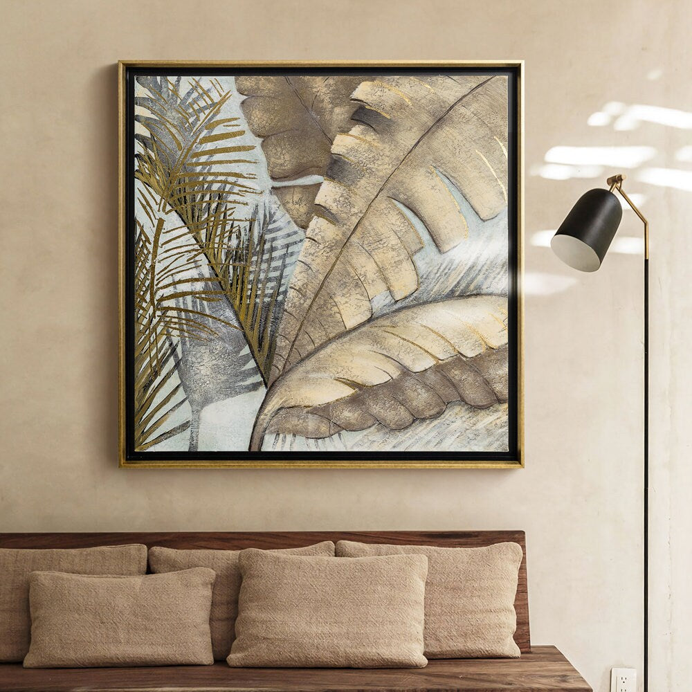 Original Abstract Leaves Wall Art, Large Gold Leaves Oil Painting on Canvas, Modern Abstract Acrylic Wall Decor for Bedroom