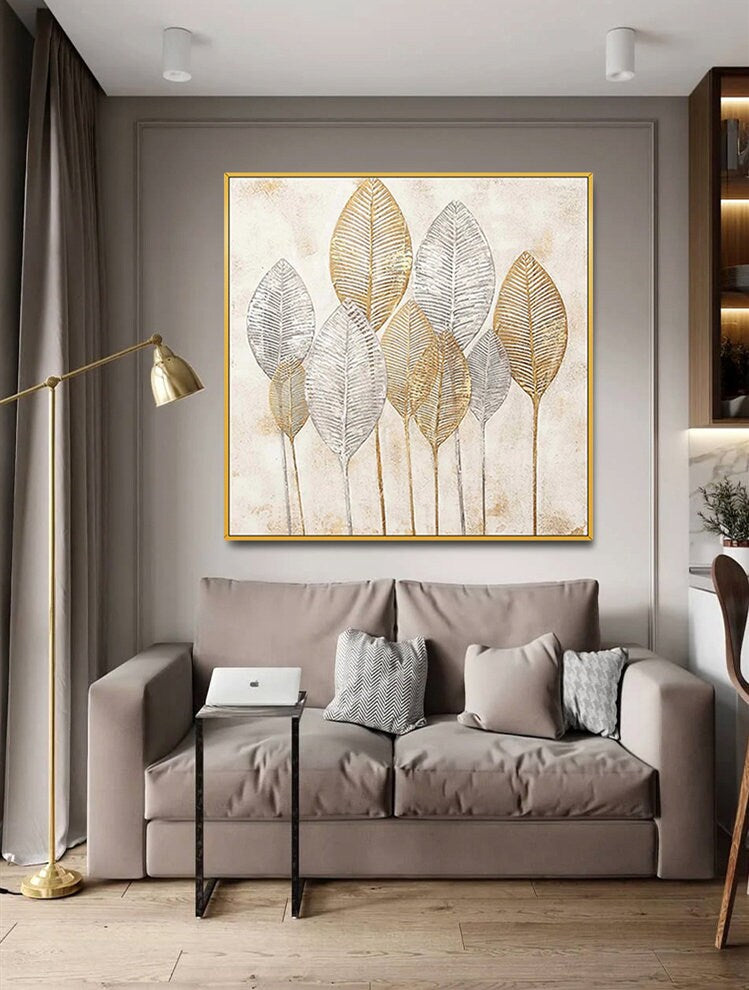 Original Abstract Leaves Wall Art, Large Golden Leaves Oil Painting on Canvas, Modern Abstract Acrylic Wall Decor for Bedroom