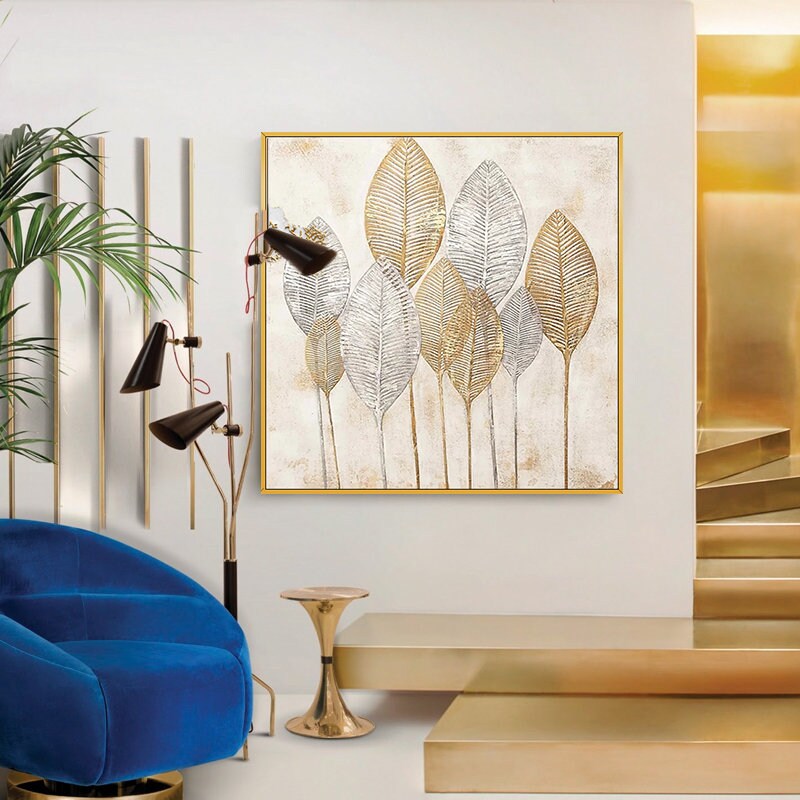 Original Abstract Leaves Wall Art, Large Golden Leaves Oil Painting on Canvas, Modern Abstract Acrylic Wall Decor for Bedroom